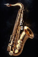 Obraz premium Shiny golden saxophone emitting gentle smoke against a dark background, highlighting its detailed keys and engravings with a warm, reflective glow