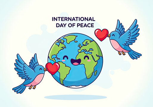 Happy Earth joyfully celebrates International Peace Day with two lovely blue birds carrying red hearts, spreading peace and global harmony.