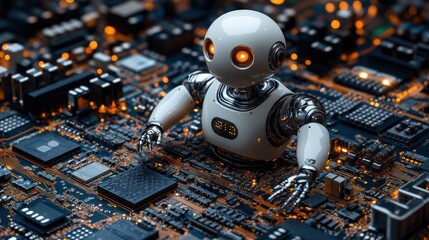Futuristic robot working on circuit board in technology background