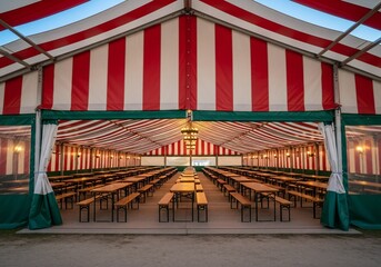 Oktoberfest Rows of empty wooden picnic tables and benches inside a large red and white striped festival tent