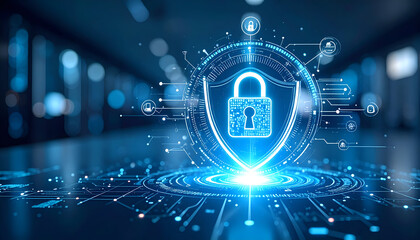 Digital Lock Shield Icon Representing Cybersecurity Protection in a High-Tech Environment with Blue Glowing Elements