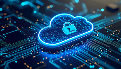 Digital Cloud Computing Graphic with Lock Symbol Representing Data Security and Cyber Protection in a Futuristic Network Environment