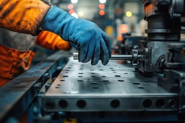 Worker wearing blue gloves and orange protective workwear operating industrial metalworking machinery on a perforated metal sheet in a bright workshop