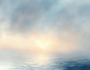Fototapeta premium A calm sea under a misty sky with soft sunlight breaking through clouds at the horizon creating a peaceful and serene atmosphere