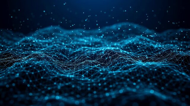 video animation of glowing blue wireframe waves made of interconnected lines and nodes, undulating and rippling smoothly across the landscape.  
