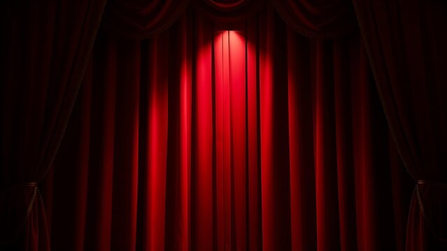 Dramatic red velvet theater curtains with golden details, illuminated by a spotlight.