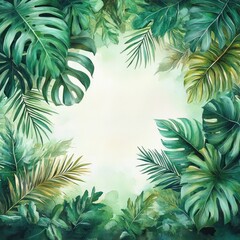 lush green tropical leaves arranged in a circular frame with soft watercolor texture and light background conveying freshness and tranquility