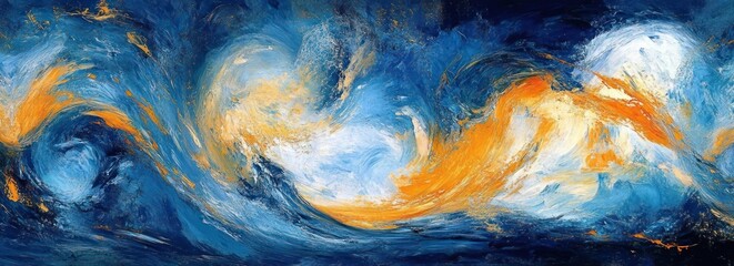 Abstract swirling patterns of blue, white, and orange brushstrokes creating a dynamic sea or sky effect with energetic movement and vivid contrast