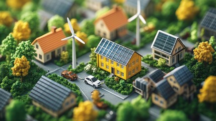 Eco-village model, renewable energy, green homes, sustainable future, aerial view