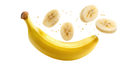 Handy fresh bananas in a basket on a wooden table with a blurred background of a garden and sunlight.
