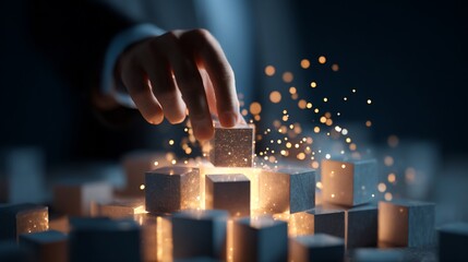 Hand places cube atop glowing stack. Building with light sparks. Dark backdrop