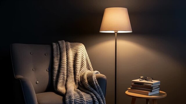 Cozy reading corner with armchair and floor lamp turning on and off in a dark room creating a warm and relaxing atmosphere for study or rest