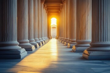 View of a grand marble colonnade with tall fluted columns on both sides and sunlight streaming through an open archway creating long shadows and warm light