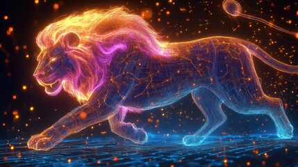 Glowing neon wireframe lion with vibrant orange and purple mane walking through a digital space filled with floating particles and light effects