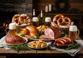 Oktoberfest Festive table with roasted turkey ham sausages pretzels and beer mugs set against a rustic backdrop