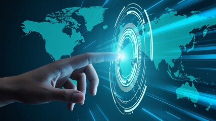 Global digital connection, hand touching futuristic interface