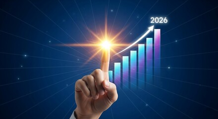 Obraz premium Growth and progress in 2026, business development, success and achievement, future vision, pointing finger touching bright light of star.