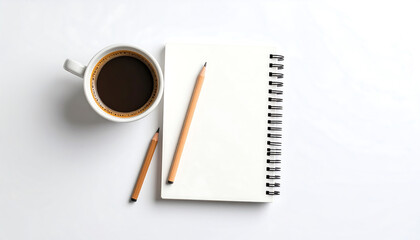 Coffee cup, blank notebook, and pencils on a clean white background, for work or study.