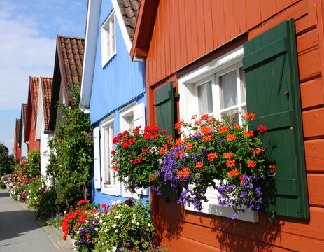Row of colorful houses with steep roofs, shuttered windows, and blooming flower boxes