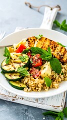 Grilled halloumi with vegetables and rice