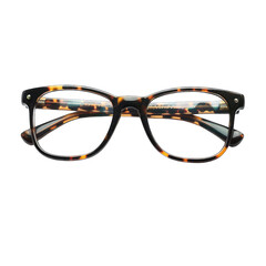 Tortoise-shell patterned eyeglasses with a square frame, showcasing a clear lens and subtle detailing along the temples
