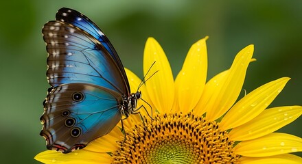 A stunning close-up shot of a Blue Morpho butterfly perched on a vibrant yellow sunflower