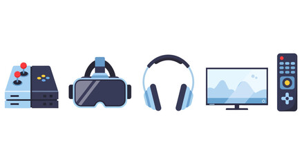 Gaming and Entertainment Tech Gadgets Illustration Console, VR Headset, Headphones, TV & Remote