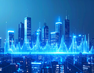 Futuristic city skyline with digital data overlay and blue glow effect