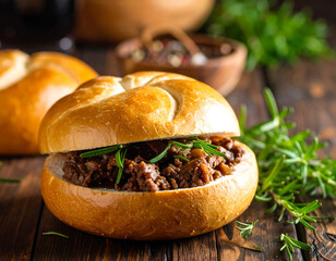 Hearty savory minced meat bun with fresh rosemary on a rustic wooden table.