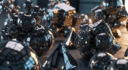 A group of highly reflective, black geometric shapes and spheres of varying sizes