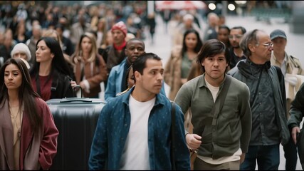 A large, diverse group of people walk towards the camera in an urban setting.