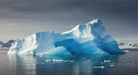 Majestic glacial iceberg with jagged white peaks and a vibrant translucent blue core.