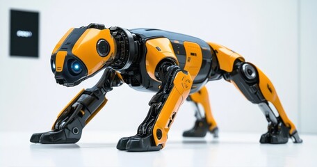 Sleek yellow and black robotic cheetah with glowing blue eye standing on white surface in high-tech environment