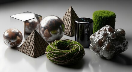 Abstract still life composition featuring geometric shapes and natural textures a visual harmony