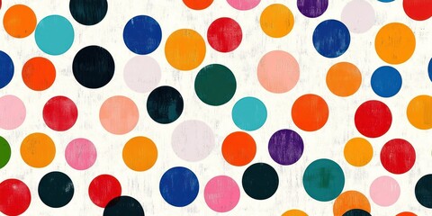 Pattern of colorful distressed circles on a light textured background creating a playful and retro visual effect