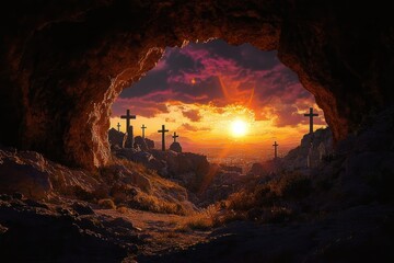 Sunset view from inside a rocky cave overlooking a hill with multiple cross-shaped grave markers under a dramatic sky