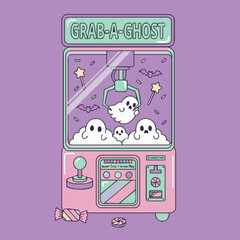 Pastel-colored claw machine filled with cute ghosts, ready to be grabbed.