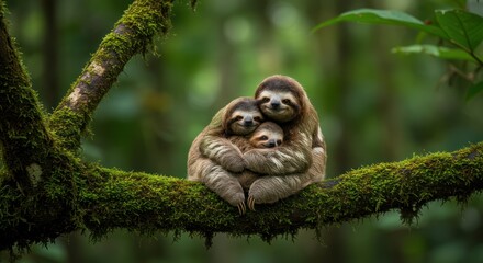 Obraz premium A family of three-toed sloths huddle together on a mossy branch in a lush jungle scene.