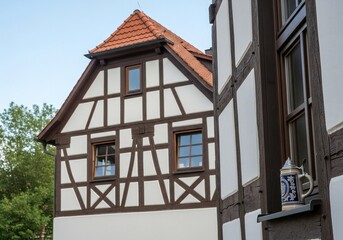 Obraz premium Oktoberfest Traditional timber framed building with red tiled roof and decorative ceramic stein on windowsill