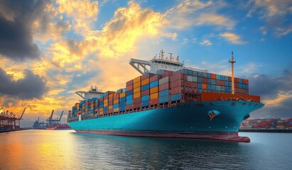 Large container ship loaded with multicolored cargo containers sailing on calm water near port cranes during a dramatic sunset with vibrant clouds