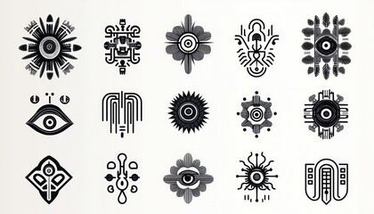 Collection of fifteen black and white abstract symmetrical symbols with eye motifs and geometric patterns arranged in a grid on a light background