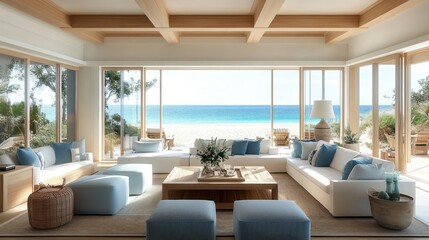 Fototapeta premium Bright and airy seaside living room with large windows overlooking the ocean, furnished with white and blue sofas, wooden coffee table, and natural decor creating a peaceful and relaxing atmosphere