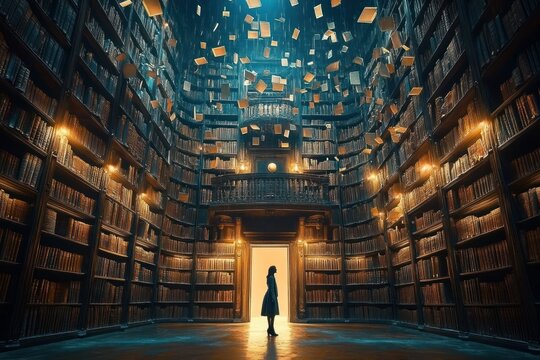 A lone woman stands in a grand, tall library with towering bookshelves filled with books while numerous pages and books float magically in the air, illuminated by warm lights
