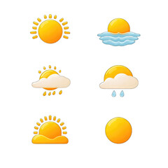 A set of six simple weather icons depicting variations of sunny conditions, including clear skies, partly cloudy, hazy, and rainy