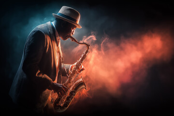 Naklejka premium A jazz musician in a suit and fedora plays a saxophone, lost in the music. The contrasting warm and cool lighting and smoky atmosphere evoke a classic, moody club scene.