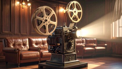 Obraz premium Retro cinema experience with an antique film projector illuminating a luxurious private screening room