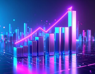 Metallic bar chart with neon purple line and data particles