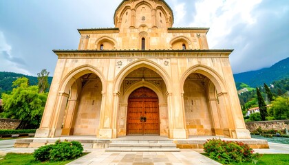 Obraz premium Exterior view of a light beige stone church with arched entrances