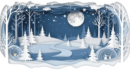 Paper cut snowy forest with animals, moon and stars at night