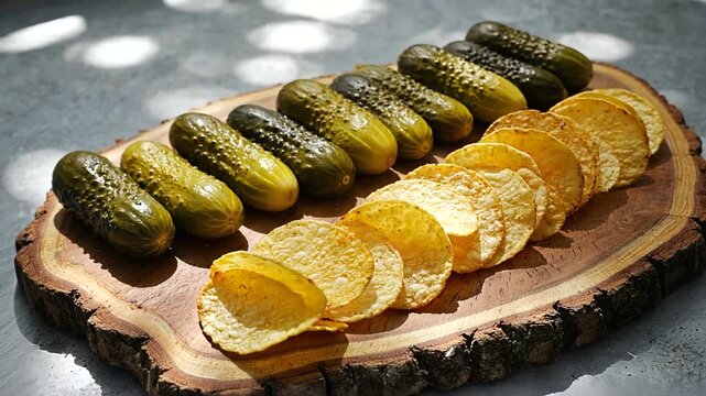 A vibrant arrangement of pickles and crispy chips on a rustic wooden board under soft lighting